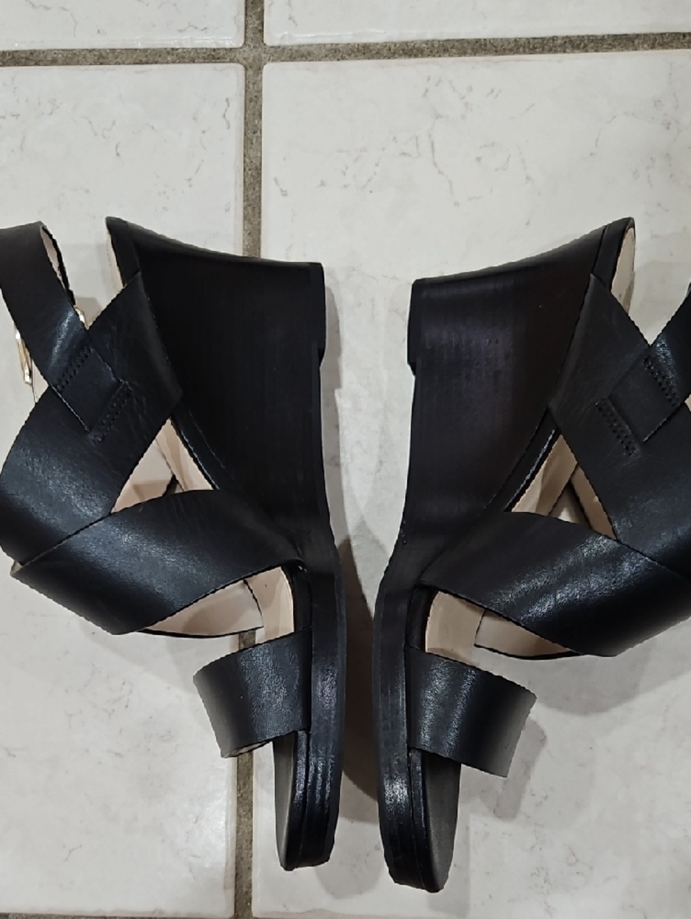 Cole Haan Black Leather Strappy Platform Sandals with Gold Buckles - Picture 3 of 10